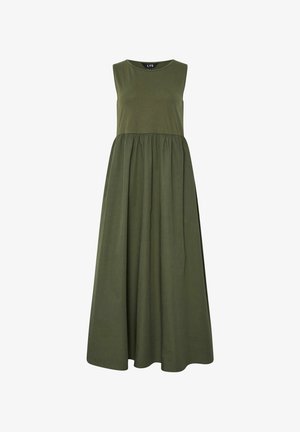Oliven grøn ærmeløs maxikjole med rund halsudskæring og samlet talje for en flydende silhuet. Lavet af blødt, letvægtsstof.