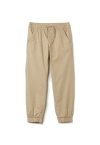 Beige joggingsbroek van zacht katoen, met een elastische tailleband met een trekkoord, zijzakken en elastische boorden bij de enkels.