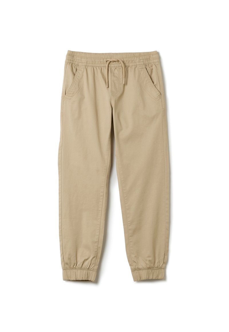 Beige joggingsbroek van zacht katoen, met een elastische tailleband met een trekkoord, zijzakken en elastische boorden bij de enkels.