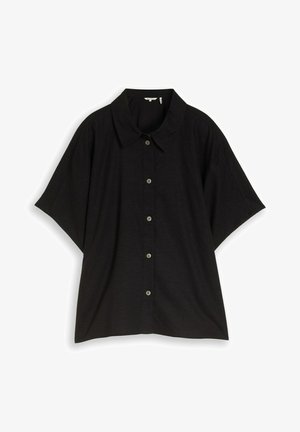 Czarna koszula z krótkim rękawem, klasycznym kołnierzykiem i sześcioma guzikami z przodu, pokazana na białym tle.