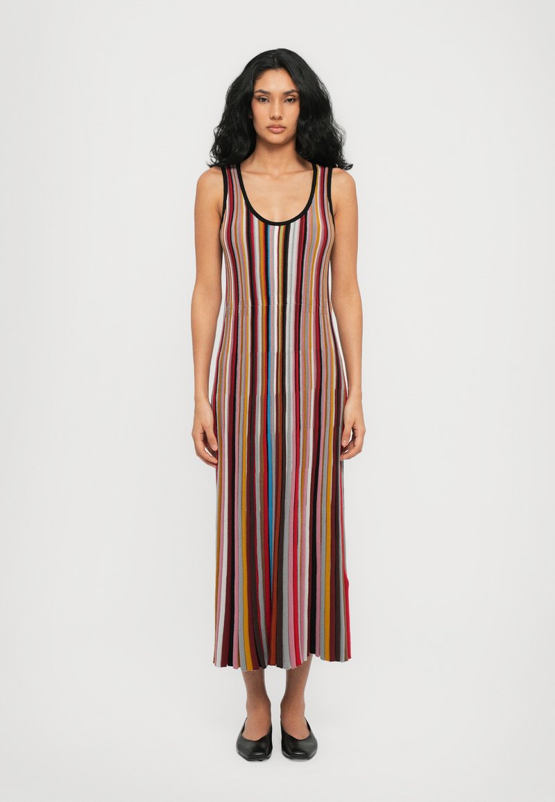 Striped sleeveless maxi dress in varied colors including red, blue, and yellow. Features a scoop neckline and flared hem. Soft, textured fabric.