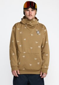 Sweat à capuche marron avec un col drapé, orné d'un motif d'oiseau et d'une poche avant. Conçu avec des cordons de serrage et un accent de logo étoile sur la poitrine.