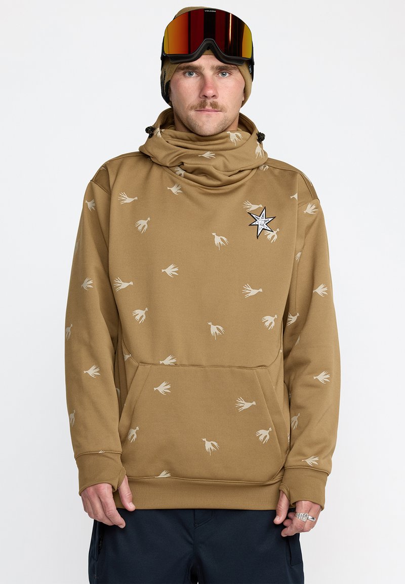 Sweat à capuche marron avec un col drapé, orné d'un motif d'oiseau et d'une poche avant. Conçu avec des cordons de serrage et un accent de logo étoile sur la poitrine.