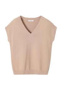 Beige gebreide mouwloze sweater met V-hals en geribbelde randen, maat small, plat gelegd op een witte achtergrond.