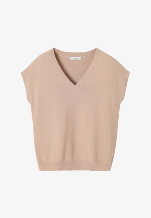 Beige neuletta ilman hihoja, V-pääntiellä ja joustimilla, koko pieni, aseteltuna litteäksi valkoiselle taustalle.