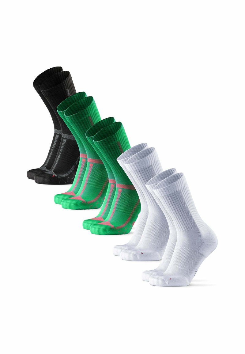 Calcetines deportivos en negro, verde con acentos en rosa y blanco; presentan textura acanalada, longitud hasta el tobillo y plantilla acolchada.