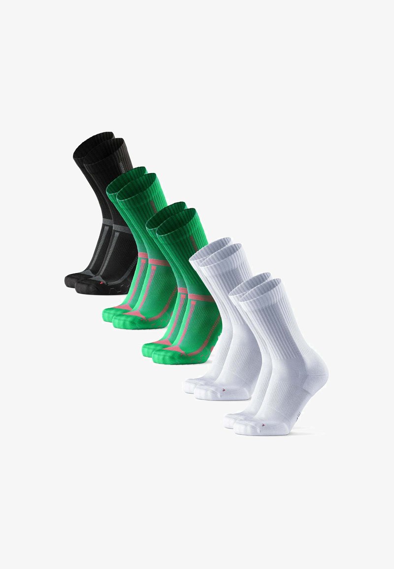 Calcetines deportivos en negro, verde con acentos en rosa y blanco; presentan textura acanalada, longitud hasta el tobillo y plantilla acolchada.