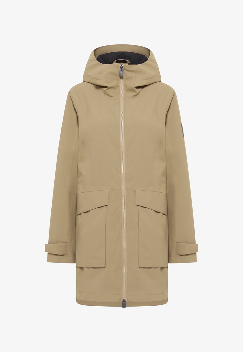 Beige waterproof jacket with a hood, front zipper, and two large front pockets. Features adjustable cuffs and a smooth, matte texture.