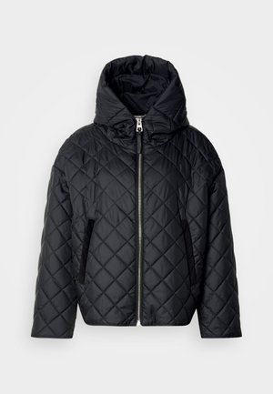 Quilted black puffer jacket with a hood, front zipper, and side pockets; features a smooth finish and soft texture.