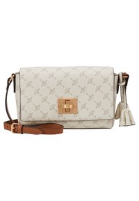 Cream textured leather crossbody bag with gold hardware, patterned surface, detachable brown strap, and decorative tassel accent.