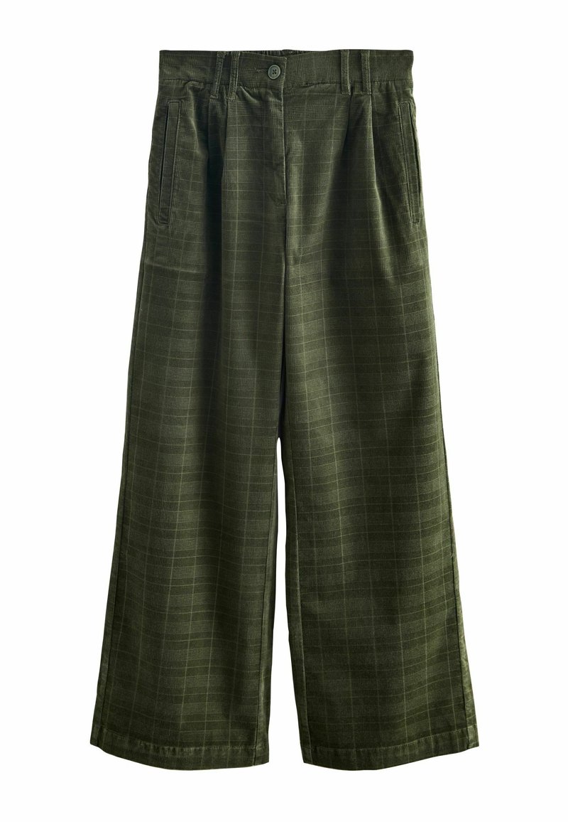 Pantaloni largi din material verde închis, cu un model discret în carouri, buzunare frontale și închidere cu nasture la talie.