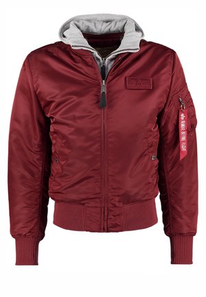 Rode bomberjack met een grijs gevoerde capuchon, ritssluiting, geribbelde mouwen en zoom, en een zijzak met hardwaredetails.