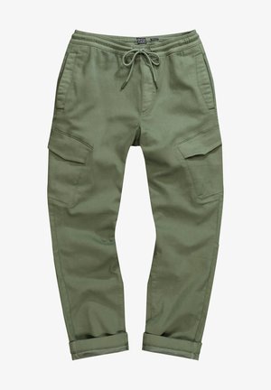Pantaloni cargo verde oliva in cotone, con vita regolabile tramite cordoncino, due tasche laterali e due grandi tasche cargo sulle cosce.