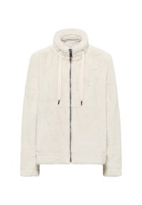 Veste en polaire zippée, couleur crème, col montant, manches longues, avec des cordons légers et une fermeture éclair noire. Texture douce.