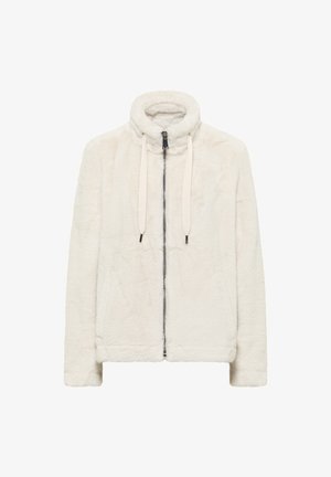 Fleece-Jacke mit Reißverschluss, in Cremefarbe, hoher Kragen, lange Ärmel, mit leichten Kordeln und einem schwarzen Reißverschluss zum Schließen. Weiche Textur.