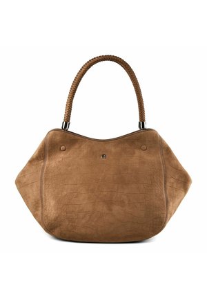 Braune Lederhandtasche mit Krokodilstruktur, geflochtenem Einzelhenkel und dezentem Metalllogo vorn, vor weißem Hintergrund.