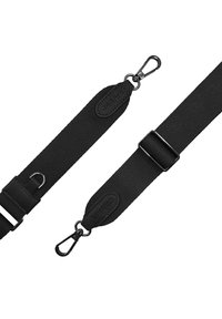 Schwarzer Nylonriemen mit strukturierten Lederakzenten, ausgestattet mit Metalldruckknöpfen und einer verstellbaren Schnalle zur Längenanpassung.
