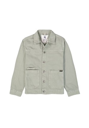 Lys grøn denimjakke med lange ærmer, frontknaplukning, to påsyede lommer og et mærke på nederste højre side. Blød tekstur.