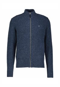 Marineblaue gestrickte Zip-Kardigan mit hohem Kragen, erhältlich in einem strukturierten Muster, mit gerippten Bündchen und Saum, aus einem gewebten Stoff gefertigt.