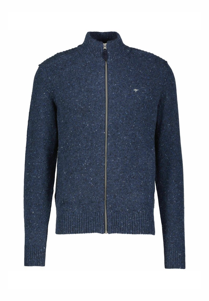 Marineblaue gestrickte Zip-Kardigan mit hohem Kragen, erhältlich in einem strukturierten Muster, mit gerippten Bündchen und Saum, aus einem gewebten Stoff gefertigt.