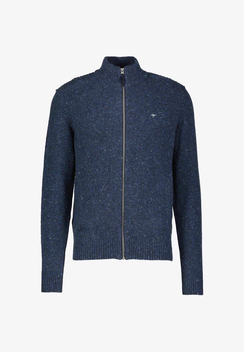 Marineblaue gestrickte Zip-Kardigan mit hohem Kragen, erhältlich in einem strukturierten Muster, mit gerippten Bündchen und Saum, aus einem gewebten Stoff gefertigt.