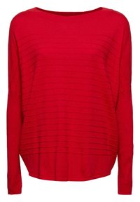Rød langærmet sweater lavet af strikket stof med vandrette ribbede linjer, bred åbning ved halsen og en let buet kant bagpå.