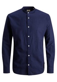 Camicia blu marina con bottoni, collo a banda, maniche lunghe e bottoni bianchi sul davanti. Realizzata in un tessuto liscio con dettagli minimi.