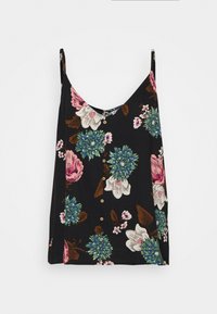 Camiseta de tirantes finos negra con estampado floral, que presenta grandes flores en tonos rosa y azul, acentos verdes y pequeños botones marrones en la parte delantera.