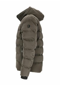 Puffermantel in Olivgrün, mit Kapuze, seitlichem Reißverschlussfach und gerippten Bündchen. Gestepptes Design mit sichtbaren Nähten.