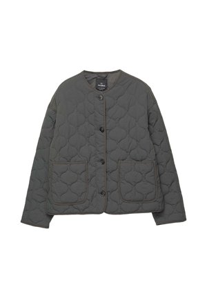 Veste matelassée gris foncé avec un col rond, fermeture à boutons et deux poches avant. Accentuée par des coutures contrastantes.