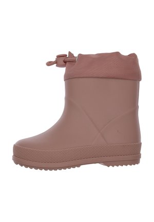 Stivale da pioggia in gomma marrone con suola texturizzata e risvolto in tessuto stretto da un cordino con fermaglio di plastica.