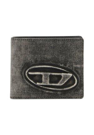 Portafoglio in tessuto nero testurizzato con una toppa ovale con logo che presenta le lettere stilizzate "TD" al centro anteriore.