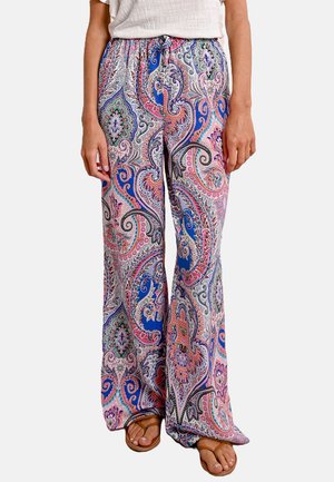 Pantaloni lunghi e leggeri con un vivace motivo paisley, in tonalità di rosa, blu, verde e bianco; vita elasticizzata per comfort.