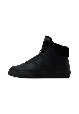 Black high-top sneakers with textured leather and a soft, furry collar. Features six eyelets and a rubber sole for grip.