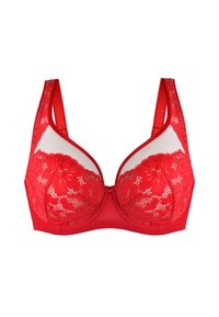 Czerwony koronkowy biustonosz z kwiatowym wzorem, przezroczystymi górnymi miseczkami z siateczki, regulowanymi ramiączkami i fiszbinami, pokazany na białym tle.