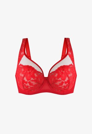 Czerwony koronkowy biustonosz z kwiatowym wzorem, przezroczystymi górnymi miseczkami z siateczki, regulowanymi ramiączkami i fiszbinami, pokazany na białym tle.