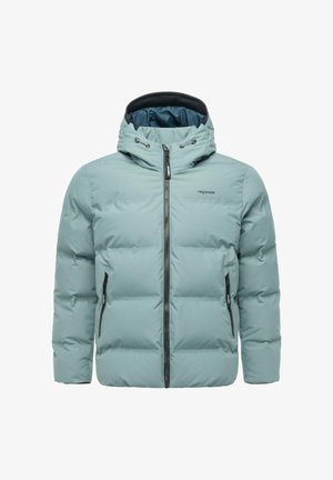 Lyseblå polstret jakke med hette, frontlukking med glidelås og to sidelommer med glidelås; har et glatt, vannavstøtende materiale.