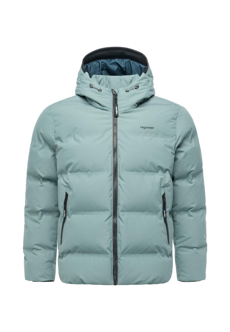 Giacca imbottita azzurro chiaro con cappuccio, chiusura frontale con zip e due tasche laterali con zip; presenta un materiale liscio e resistente all'acqua.