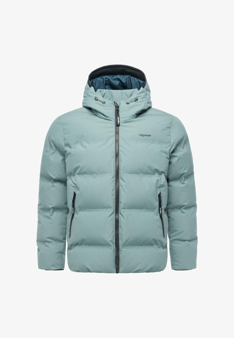 Giacca imbottita azzurro chiaro con cappuccio, chiusura frontale con zip e due tasche laterali con zip; presenta un materiale liscio e resistente all'acqua.