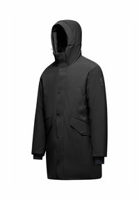 Parka nera isolata con colletto alto, chiusura con zip e due grandi tasche frontali. Presenta un cappuccio e polsini a coste per il calore.