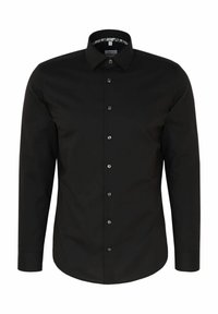 Zwarte overhemd met lange mouwen van gladde stof, met een standaard kraag en zilveren knopen aan de voorkant.
