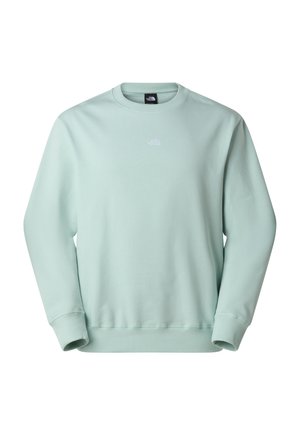 Lichtmintgroene trui met ronde hals, lange mouwen, geribde manchetten en zoom. Voorzien van een klein wit logo op de borst. Zachte textuur.