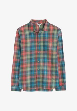 Ruudullinen pitkähihainen paita punaisena, vihreänä ja sinisenä, jossa on kaulus, etupainikkeet ja rento istuvuus kaarevalla helmalla.