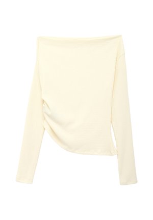 Crèmekleurige top met lange mouwen, een brede boothals en een asymmetrische zoom, gemaakt van geribbeld lichtgewicht stof.