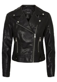 Giacca biker in ecopelle nera con cerniera asimmetrica, tasche laterali con zip, revers con bottoni automatici e cinturini regolabili in vita.