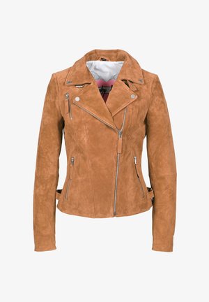 Giacca da motociclista in camoscio marrone con cerniera frontale asimmetrica, accessori in argento, tasche con cerniera e ampi revers.