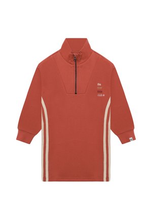 Pullover met lange mouwen in roestkleur met beige strepen aan de zijkanten, een kwart ritssluiting, geribde manchetten en de tekst "the new kids club" op de borst.