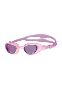 Gafas de natación con un esquema de colores rosa y morado, con un diseño aerodinámico y correa ajustable, adecuadas para actividades de natación.