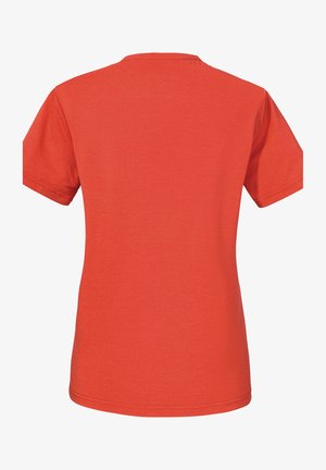 Kurzärmliges T-Shirt mit Rundhalsausschnitt in leuchtendem Orange, aus einem strukturierten Stoff mit leichtem Rippenmuster und sauberen, gesäumten Kanten.