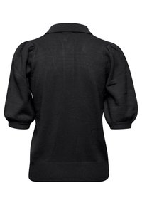 Maglione nero lavorato a maglia con colletto, maniche a sbuffo corte e texture a coste all'orlo e ai polsini, con una finitura liscia.